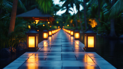 Elysium, A glowing lantern-lit marble garden pathway captured in high fidelity, perfect for serene outdoor imagery.