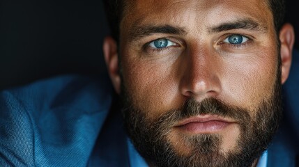 Obraz premium Confident man, blue eyes, suit, dark background, portrait