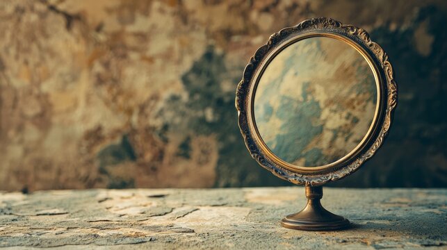 Vintage mirror reflecting an aged textured wall