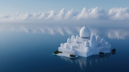 Obraz premium Elysium, A serene, high-fidelity image of a pearl-white city featuring domed temples on water.