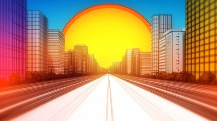 Vibrant city skyline at sunset, seen from a speeding vehicle. Warm-toned colors dominate the scene, creating an energetic and dynamic feel.