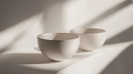 Minimalist white ceramic bowls casting soft shadows