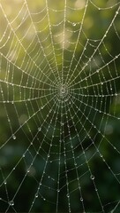 Obraz premium Detailed spider web with dew drops glistening in sunlight