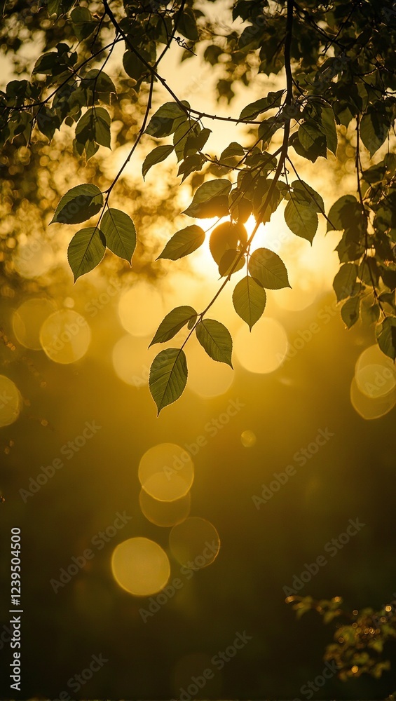 Wall mural golden sunlight filtering through tree leaves creating bokeh circles
