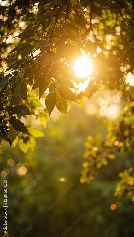 Wall mural golden sunlight filtering through tree leaves creating bokeh circles