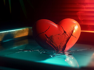 Cracked red heart on shattered glass