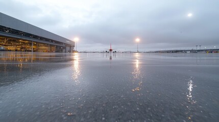 Fototapeta premium Rainy airport tarmac, plane in distance, hangar reflections