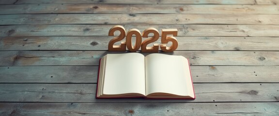 An open book rests on a weathered wooden table, with the numbers 2025 prominently displayed above it. This image symbolizes new beginnings and the promise of fresh opportunities, inviting viewers to