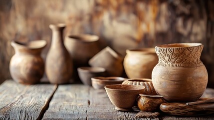 Rustic wooden table displaying handcrafted ceramic pots