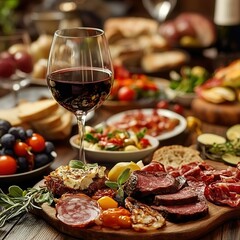 A table with a variety of food and a glass of wine
