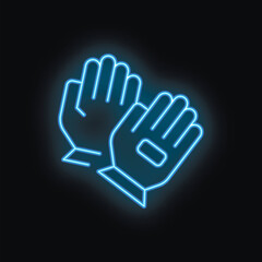 Blue neon sign glowing gloves on a dark background illustrating concepts of safety, workwear and manual labor