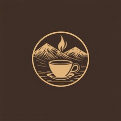 An emblem logo for a rustic coffee company, 'Aroma Trails', minimalistic, line art, iconic, vector art, flat design, earthy brown and charcoal grey theme