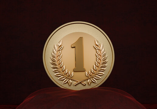 Gold medal on a velvet stand. Red background. 3D render.