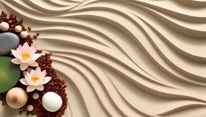 peaceful sandy beige wave background with lotus stones and wooden decor