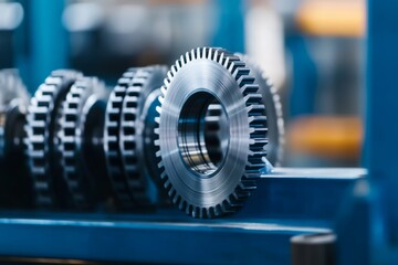 Fototapeta premium Row of gears are lined up on a blue surface