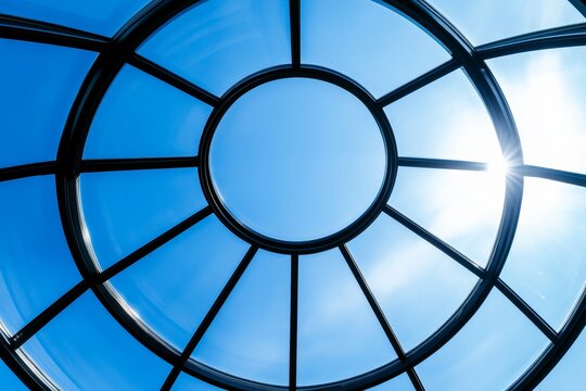 Sunlit dome structure with blue sky view through glass panels