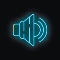 Neon blue icon of a loudspeaker emitting sound waves is glowing on a black background