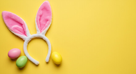 Fototapeta premium Pink bunny ears headband with pastel Easter eggs on bright yellow background creating cheerful spring holiday composition perfect for Easter celebration themes.