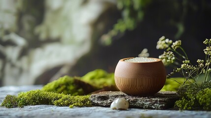 Zen-inspired wooden tea bowl in a forest setting