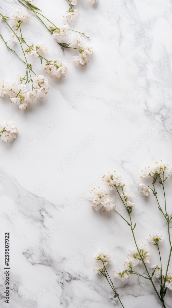 Poster floral arrangement of small white flowers on marble surface with soft light creating a serene atmosp