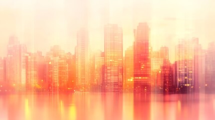 Warm-toned cityscape at sunset, reflecting in calm waters.  Dreamlike, hazy, and peaceful.