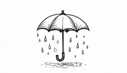 Black and white coloring book illustration of an umbrella surrounded by raindrops on a white background, creative art concept.