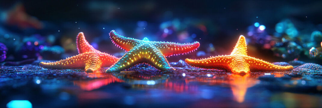 Vibrant neon starfish glowing on a dark ocean floor.