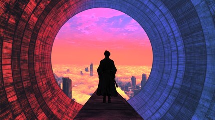 Fototapeta premium Silhouette of a person walking towards a futuristic city at sunset, viewed through a circular tunnel.