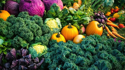 Vibrant organic vegetable field at sunset with various fresh vegetables growing in a lush green landscape
