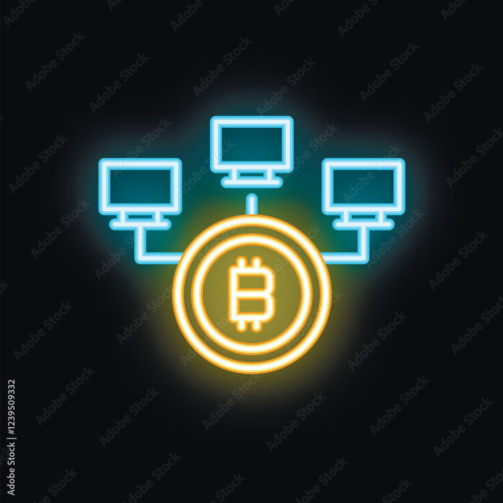 Poster neon icon of a bitcoin network connecting computers using blockchain technology