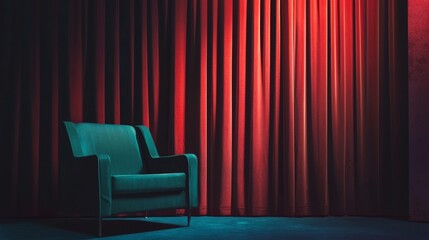 Elegant theater scene with red curtains and chair