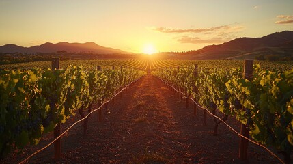 Fototapeta premium Grapevines grow along rustic wooden posts and wires extending into horizon as warm golden sunset bathes rolling hills in peaceful light.