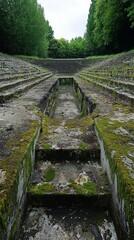 Nature gently reclaims a forgotten stadium, with moss carpeting the stone steps and greenery framing the once vibrant venue, creating a serene, nostalgic atmosphere that whispers of past events