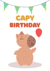 Capybara holding flowers with a festive birthday banner. Cute and joyful greeting card design for birthday celebrations, invitations, and digital prints. Perfect for gift wrapping, party decorations