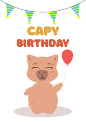 Capybara holding flowers with a festive birthday banner. Cute and joyful greeting card design for birthday celebrations, invitations, and digital prints. Perfect for gift wrapping, party decorations