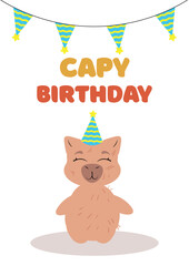 Capybara holding flowers with a festive birthday banner. Cute and joyful greeting card design for birthday celebrations, invitations, and digital prints. Perfect for gift wrapping, party decorations