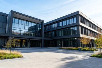 Obraz premium Large building with a glass facade and a courtyard in front of it