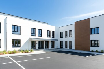 Large white building with a brown brick wall