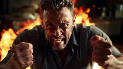 Close-up of an extremely angry adult mature man screaming with fire flames in background