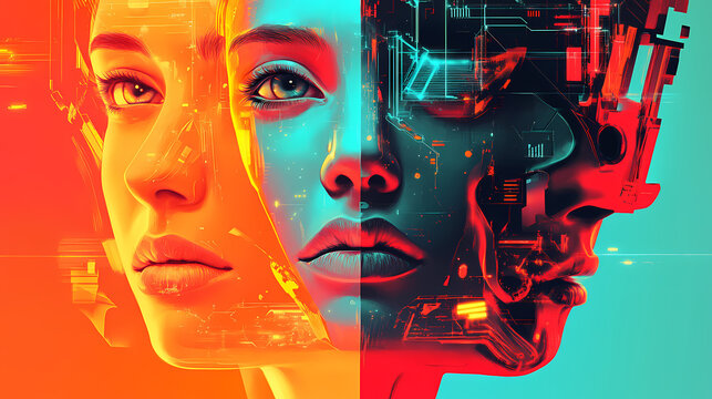 Captivating duality of faces: a vibrant exploration of technology and emotion. Sci-Fi Influence. Illustration