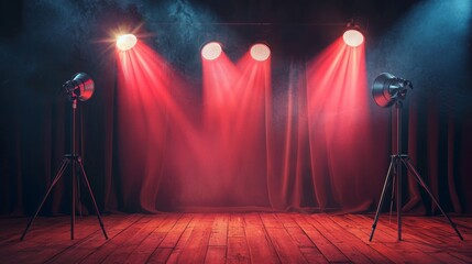 Red stage curtains with dramatic spotlights