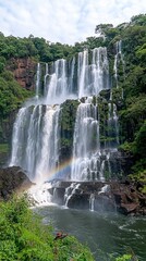 Naklejka premium Majestic Waterfall Cascading Over Lush Green Cliffs with Rainbow in Misty Atmosphere under Partly Cloudy Sky in Tropical Forest National Park