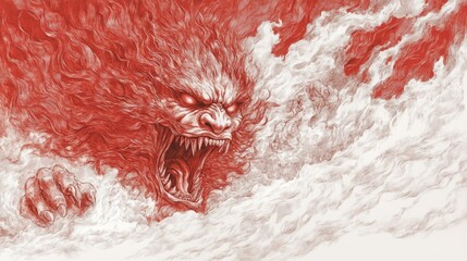 Obraz premium Fierce red creature emerging from clouds, a dramatic digital illustration.