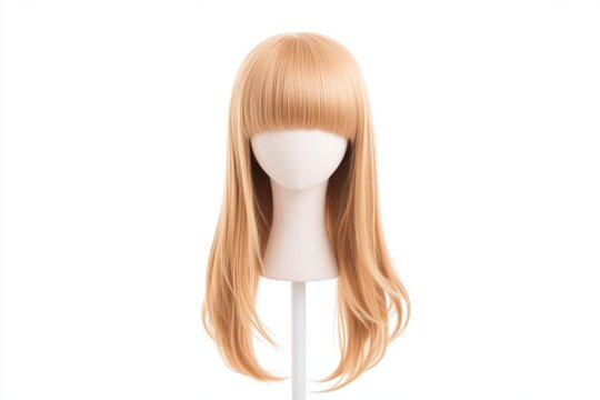 Blonde cosplay wig on mannequin head with long straight hair and bangs