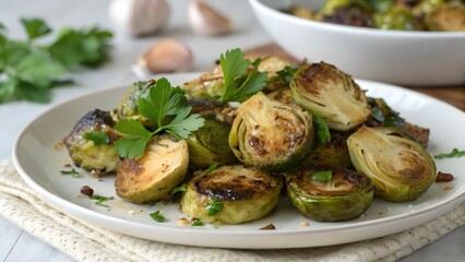 A plate of roasted Brussels sprouts garnished with fresh parsley and crispy garlic. A healthy and delicious side dish with golden caramelized edges, perfect for nutritious meals and vegetarian dining.