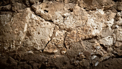 High-resolution image showcasing a textured, cracked stone wall.  Earthy tones of beige, brown, and dark brown create a rustic, weathered aesthetic.