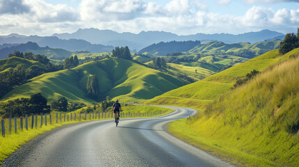 Cyclist on scenic winding road through rolling green hills, enjoying a solo bike ride amidst breathtaking countryside landscape, freedom and adventure on two wheels