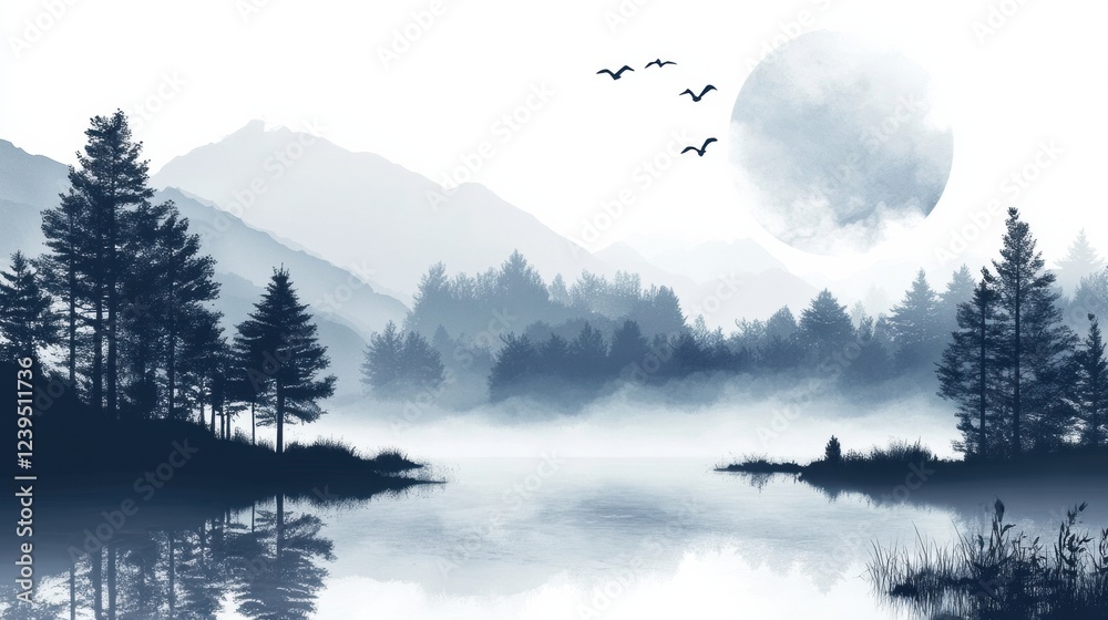 Leinwandbilder Serenity in the Misty Mountains with Reflection of Trees and Birds in Twilight. Generative AI