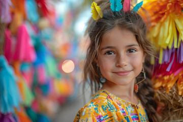 Fototapeta premium Generative AI Image of a Smiling Child in Colorful Traditional Costume at a Festive Holiday Celebration