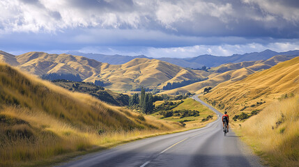 Fototapeta premium Cyclist riding on scenic road through rolling hills under dramatic sky, feeling freedom and adventure on open road. 